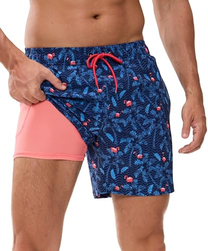 Badbyxor herr badbyxor med kompression boxershorts liner 2-i-1 badbyxor män ventilerande vattenavvisande snabbtorkande badshorts för män simbyxor med dragkedja, Flaming0, L