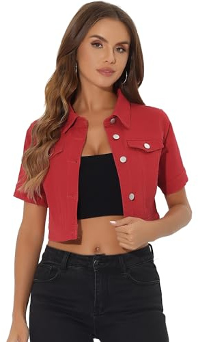 Allegra K Giacche Jeans Donna Abbottonatura a Maniche Corte Giacca Corta Denim Giacchetto Casual Borgogna M