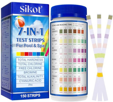 7 in 1 Hot Tub Test Strips 150PCS, Pool Water Testing Kit, PH Test Strips, Pool Tester Chlor, Pooltester Chlor for Fish Tank, Fish Pond, Accurate Testing Total Hardness, Carbonate Nitrate, Nitrite Cl2
