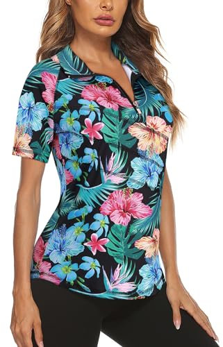 Flikity Women's Golf Clothing, Womens Floral Polo Shirts Collared Neck Tennis Shirts 1/4 Zip Quick Dry Short Sleeve Sport Gym Exercise Tops Running Casual Workout Tops 2XL