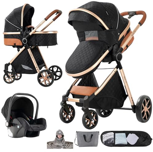 Nine point nine Barnvagnspaket 3-i-1, set med vändbar liggdel, sittdel och babyskydd, dubbelt skjutläge, duovagn med stor och bekväm liggvagn, stomme av aluminiumlegering (V9 svart)
