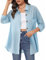 Womens Blouse Long Sleeve Shirt V Neck Shirts Tops Button Down Basic Loose Tunic T Shirts Sky Blue M