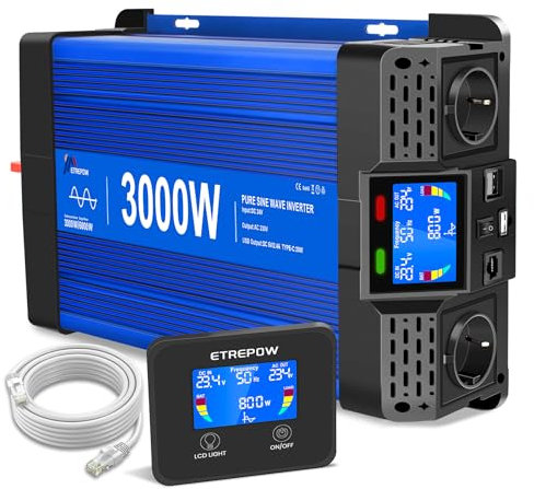 Inverter 3000W/6000W 24V 220V Onda Sinusoidale Pura Trasformatore Con telecomando, 2 Prese EU, 2 Porte USB,Type-C, Adatto per Elettrodomestici, Camper e Campeggio