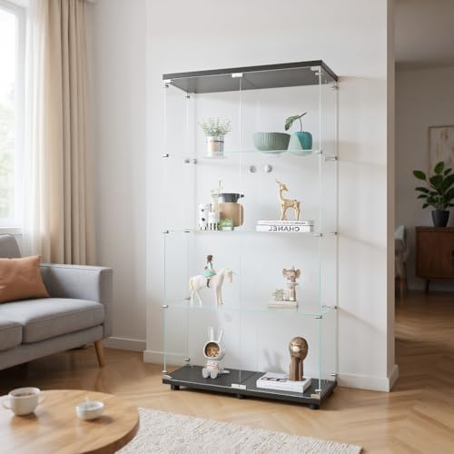 BLSYHDH Vetrina in Vetro 164 cm, Armadio Con 2 Ante 4 Ripiani Trasparente per Collezione, Mobile Soggiorno Bar (4 Piani 2 Porte, Nero)