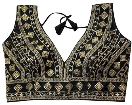IMTRA FASHION Indian Readymade Tussar Silk Saree Blouse for Women Crop Top Choli-Black-34