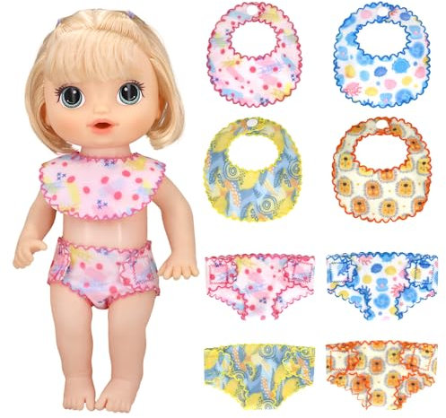 Xerteam 8 Stück Baby Puppenzubehör Windeln und Lätzchen Set, 12 Zoll süße Puppenkleidung, Windeln und Lätzchen, Puppenzubehör für 12-14 Zoll große Puppen, Windeln Puppendekoration, Geburtstagsgeschenk