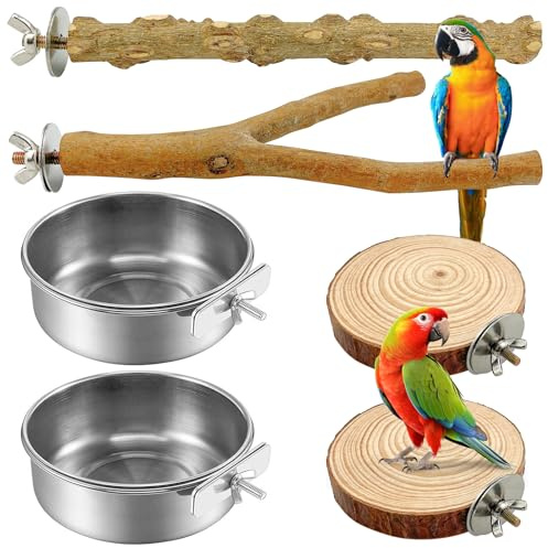 xianzhanEU Set di 4 posatoi naturali per uccelli, posatoi per pappagalli, con 2 ciotole per mangiatoie uccelli, accessori per pappagalli, parrocchetti, canarino
