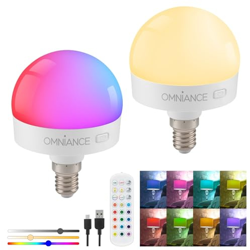 Auraglow Rechargeable Wireless LED Light Bulb with Remote – Battery-Powered, Dimmable, Colour-Changing, E14 Adaptor (2 Pack)