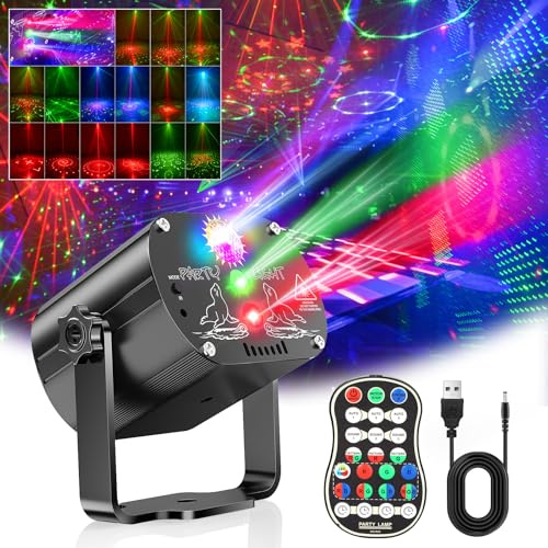 luces discoteca, proyector Luz Fiesta ambiente karaoke Música con 60 Patrones Diferentes, Remoto USB 2M para Familiar, Discoteca Club Boda colores estroboscopicas luces habitacion de discoteca