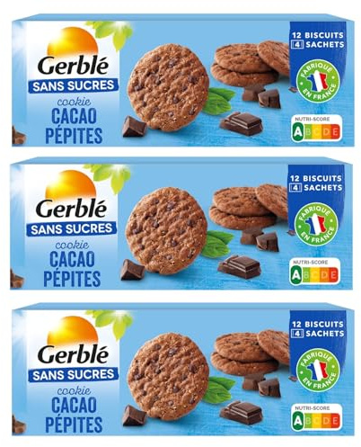 GERBLÉ – Cookies Cacao Pépites de Chocolat – Sans Sucres – Source de Fibres – Cacao Durable – Sans Huile de Palme – Nutri-Score A – Lot de 3 Boîtes – 36 Biscuits – 390 g