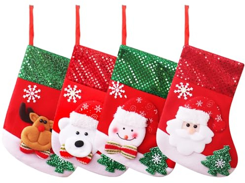 Qaestuan 4 Pezzi Calza di Natale, Calze di Natale da Appendere, Calza di Natalizia Camino, Calze della Befana Vuota Personalizzata, per Albero, Camino, Vetrina, Sacchetto di Caramelle