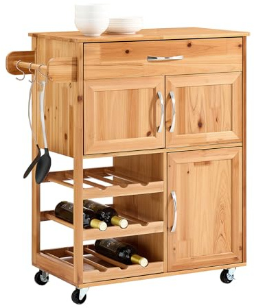 SoBuy Carrello Cucina Salvaspazio con Ruote in Legno Massello – Mobiletto Cucina con Cassetti e Portabottiglie, Credenza da Cucina o Sala da Pranzo Naturale 75×38×86 cm FKW45-N