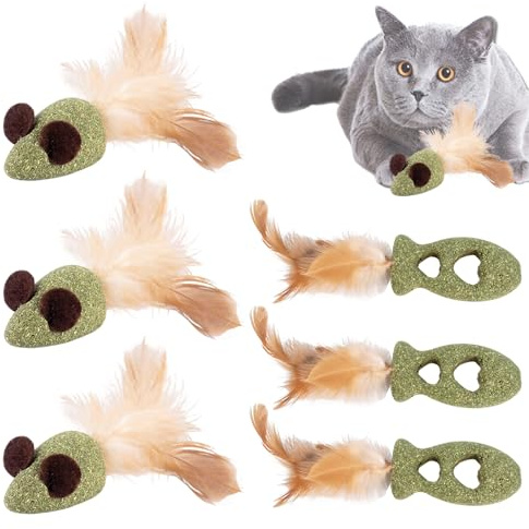 BSITSSS 6 st kattleksak kattgräs, kattmus, kattleksak med fjäder, kattungeleksaker för anti-stress, rengör tänderna, tugga, underhållning