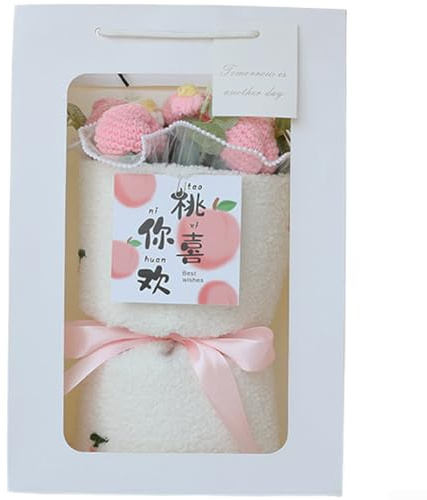 PureBowlic Handgjord virkad frukt blombukett för ljus och väska, stickad ullblommig för inflyttningsfest födelsedag bröllop, långvarigt konstgjort växtarrangemang 35 x 25 cm (6 persikoträd)