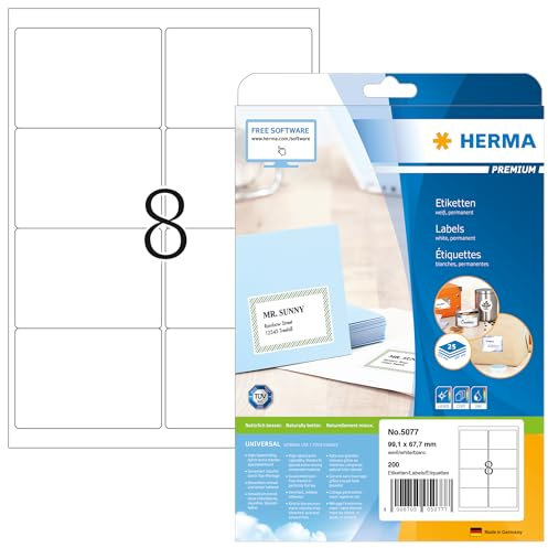 HERMA 5077 Versandetiketten, 25 Blatt, 99,1 x 67,7 mm, 8 pro A4 Bogen, 200 Stück, selbstklebend, bedruckbar, matt, blanko Papier Adressetiketten Aufkleber, weiß