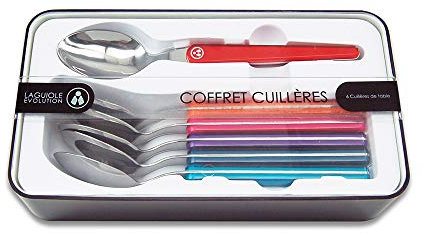Laguiole Évolution - Coffret de 6 cuillères à soupe en acier inoxydable - Manche en ABS couleurs panachées multicolores - Set grandes cuillères de table