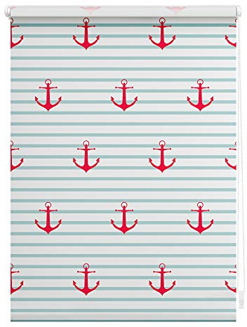 Lichtblick Klemmfix Verdunklungs-Rollo mit Motiv, ohne Bohren, Blickdicht, Seitenzugrollo, Made in Germany, Anker gestreift - Türkis Rot 80 cm x 150 cm (B x L)