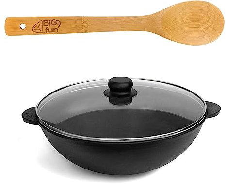4BIG.fun Gusseisen Wok 28 cm Wok-Bratpfanne 3,7 L aus Gusseisen Wokpfanne mit Glasdeckel und Kochlöffel Gusspfanne Asia Grill Wok Schmortopf Induktion Pfanne Gusswok Gusseisenpfanne Grillpfanne