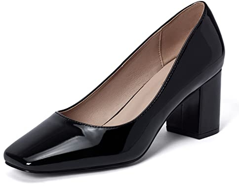GENSHUO Escarpins à Talons Bas épais pour Femmes, Bout carré, Talons carrés, Bout fermé, Chaussures de Travail pour Bureau, église, Mariage, Laque Noire, 37 EU