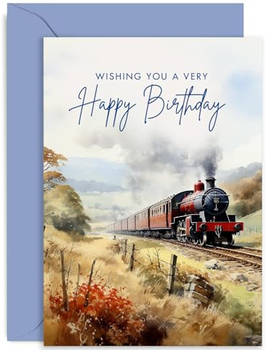 Old English Co. Carte d'anniversaire artistique pour lui – Carte d'anniversaire aquarelle train à vapeur pour lui – Carte d'anniversaire traditionnelle pour homme, mari, papa | Intérieur vierge avec