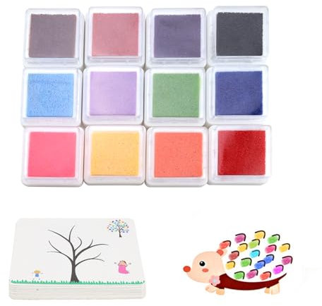 PARFCO Stempelkissen Set, 12 Farben Fingerstempel, Stempelkissen Fingerabdruck mit 30 Zeichenkarten, Fingerstempelfarbe für DIY Papier Handwerk Malerei Scrapbooking