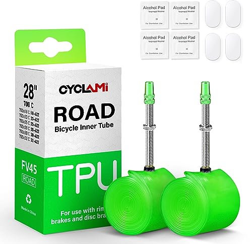 CYCLAMI 38g 2er-Pack Fahrrad Rennrad Schlauch für 700 x18/23/25/28/30/32c FV-Ventil 45mm/60mm/80mm Im Lieferumfang 4 Stück TPU Fahrradreifen Flicken