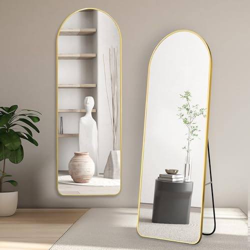 MEESALISA Standspiegel 146 x 45 cm, Bogen Ganzkörperspiegel mit Ständer, Fußboden & Wand Hänger Großer Spiegel mit Gold Metallrahmen Dekorative Wandspiegel für Schlafzimmer, Wohnzimmer