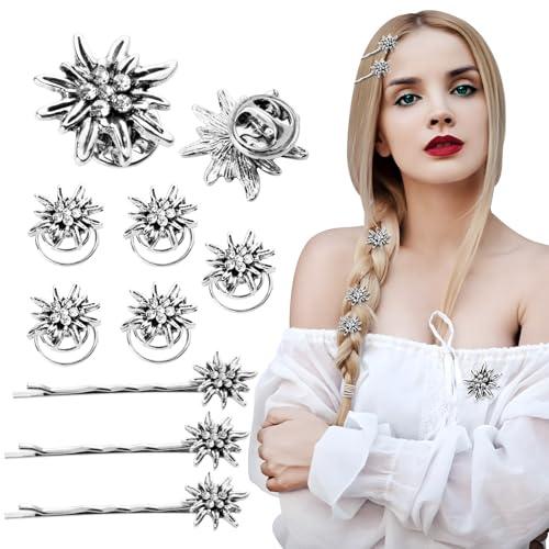 BOOMTOP 9pcs Edelweiss Haarklammer Dirndl Haarschmuck Haar-Curlies Blumen Haarspiralen Trachten Haarschmuck Brosche Edelweiß Haar Accessoires in Antik-Silber für Karneval Mottoparty