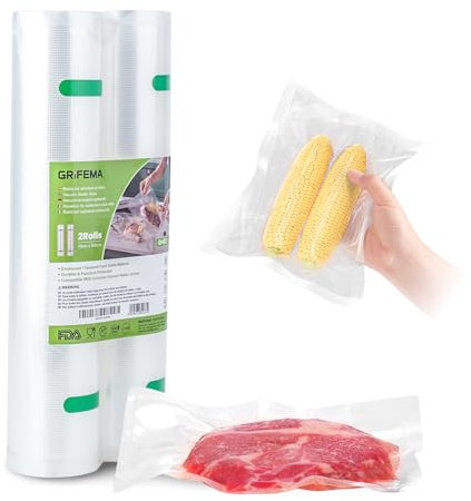 GRIFEMA GH82, Bolsas de Vacío para Alimentos Reutilizables sin BPA, 2 Rollos 28x600 cm, Compatibles con Todas las Envasadoras