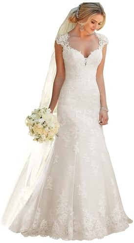 JIAJUPA Tulle Mermaid Wedding Dresses for Bride Spaghetti Tulle Applique Bridal Evening Party Ball Gowns Ivory Size 16