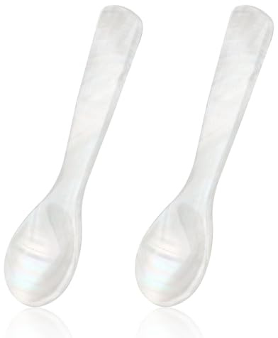 Pärlemorskedar, set om 2 – 9 cm vita kaviar skedar med rakt handtag perfekt för fiskkaviar sushi och delikatesser hög kvalitet vit pärlemor material för elegant servering