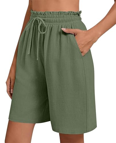 NSICBMNO Army Green Linen Shorts Women Knee Length Summer Long Shorts Wide Leg Lounge Pants with Pockets Elasticated Waist Yoga Pants Drawstring Baggy Sweatpants Culottes for Holiday Beach Activwear