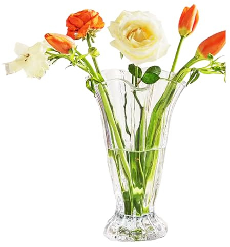 Embossed Big Heavy Thickened Vintage Vase 22cm Innjoii Ribbed Pedestal Glass Crystal Clear Flower Bouquet Hydroponic Vases for Roses Lilies Smooth Rim Home Decor Office Centrepiece Wedding DiningTable