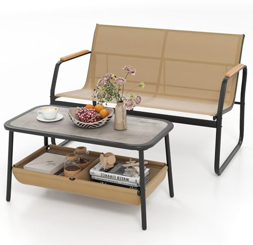 KOMFOTTEU Set di Mobile da Giardino in 2 Pezzi, Set Tavolo e Sedie da Balcone in Tessuto Textilene, Set da Bistrò con Divanetto 2 Posti e Tavolino con 2 Scomparti di Stoccaggio, per Veranda, Marrone