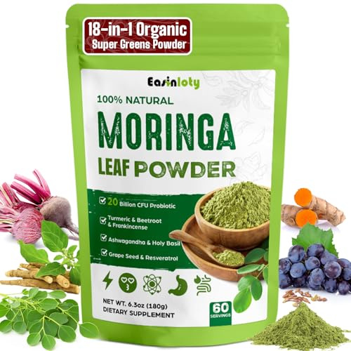 Moringa Powder Organic 2000MG, 18 in 1 Moringa Oleifera Leaf Powder with Ashwagandha, Rhodiola, Turmeric, Probiotics for Energy, Mood* - Green Superfood - 60 Servings