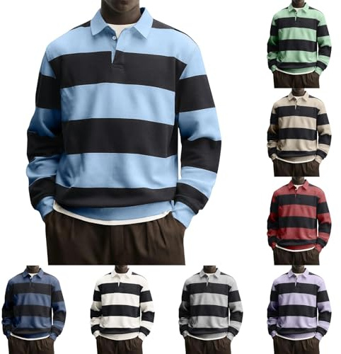 Polo de manga larga a rayas para hombre, camisetas de manga larga de gran tamaño, polo de rugby para hombre, jersey de punto a rayas con cuello, camiseta clásica para un aspecto deportivo y elegante