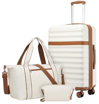 Kono Juego de Maletas con Maleta Mediana Rígida 65cm con Expansión, Que Cuenta con Ruedas TPE y Cerradura TSA, más Bolsa de Viaje con Correa Ajustable y Hebilla para Carro, y Neceser (Crema)