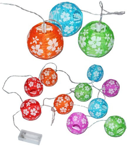 alles-meine.de GmbH 10 TLG. Lichterkette Stoffball Laterne LED - Lampions mit Batterie elektrisch kabellos INNEN - rosa grün gelb Blumen - batteriebetrieben Lampionkette Papierla..