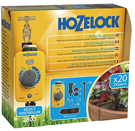 HOZELOCK - Drip Watering Kit 20 Pot : Complete Stand-alone System with Select Controller Programmer, Ideal for Potted Plantsand Window Boxes, for Precise, Water-saving Watering [2803 0000]