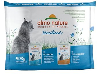 Almo Nature Functional - Sterilised - Comida Húmeda para Gatos Adultos y Mayores, Esterilizados o Poco Activos - con Bacalao y Pollo - Bajo Contenido de Grasas, Hidratante - 70g (Paquete de 6)