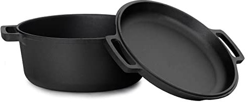 4BIG.fun Casseruola in ghisa con coperchio Ø 28 cm - 6 l - Rostiera con Manici tradizionale in ghisa 2 in 1 - Cocotte Per induzione - Casseruola per pane, per zuppe
