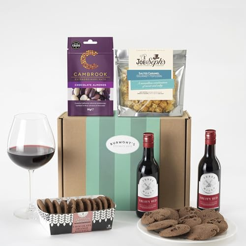Burmont's Red Wine & Chocolate Gift Hamper - Two Small Red Wines, Joe & Seph's Popcorn, Cambrook Chocolate Almonds & Premium Choc Chip Biscuits - Hamper Exclusive To Burmont's