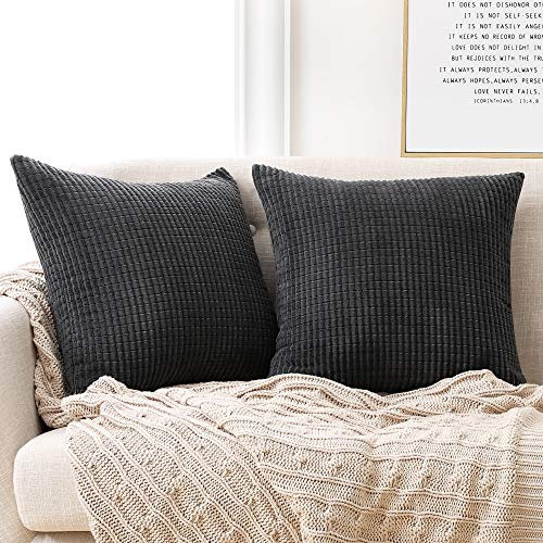 Deconovo Set of 2 Home Decoration Corduroy Grey Cushion Covers 50cm x 50cm, 20x20 Inches Grid Throw Pillow Cases, Square Pillowcases Cushion Covers for Sofa Chairs(Dark Grey, 2 Pieces)