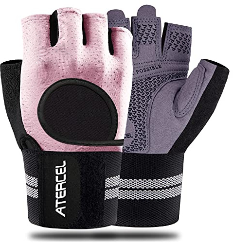 ATERCEL Fingerless Padded Palm Gloves Breathable with Wrist Support for Water Ski, Canoeing, Sailing, Jet Skiing, and Rowing for Mens and Women, Full Palm Protection (Pink, L)