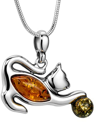 Collier Pour Femme Avec Pendentif Chat En Ambre Couleur Miel Et Argent