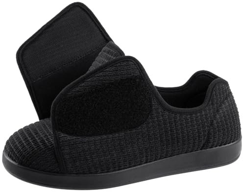 Ravelier Men's Adaptive Slip-Resistant Wide Width Diabetic Comfort Slipper Shoe with Adjustable Hook-and-Loop Closure, Size 10W UK Men, Black