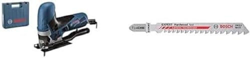 Bosch Professional Stichsäge GST 90 E (1x Sägeblatt, Absaug-Set, im Koffer) + 3x Expert ‘Hardwood Fast’ T 144 DHM Stichsägeblatt (für Hartholz, WPC Holz-Kunststoff-Verbundstoffe, 100 mm, Zubehör)