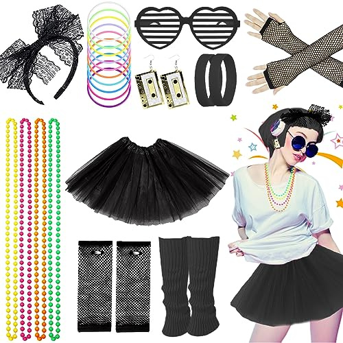 Costume anni '80 per donne e ragazze, set di accessori per costume anni '80, gonna tutù, scaldamuscoli, guanti a rete, occhiali, orecchini, braccialetto, collana, fascia, vestito retrò per feste anni