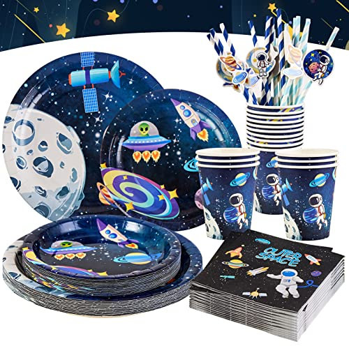 SUNBEAUTY 80 Stück Weltraum Partygeschirr, Pappteller Kindergeburtstag einschließlich Pappbecher Servietten Strohhalme Pappteller für Weltraum Kindergeburtstag Weltraum Deko Geburtstag Dekoration