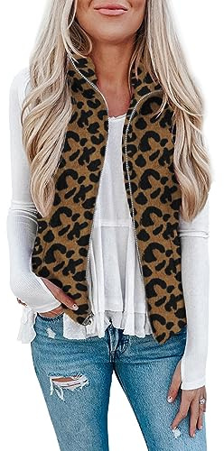 LOMON Womens Winter Vest Lightweight Sleeveless Warm Outerwear Puffy Faux Fur Vest with Pockets Brown Leopard M